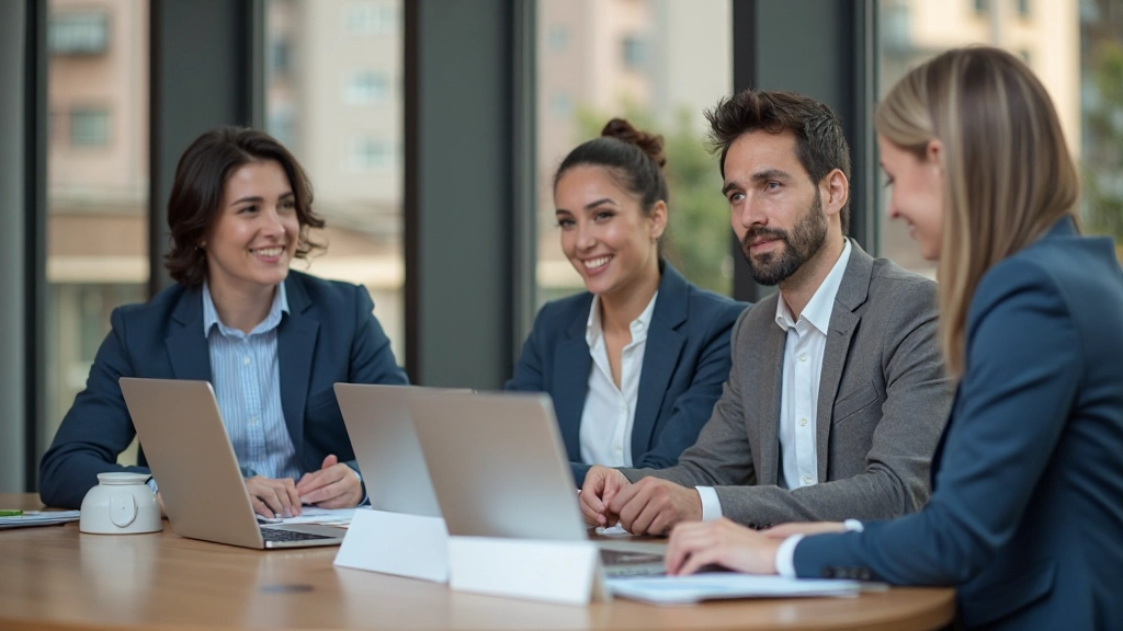 Группа профессионалов обсуждают стратегию развития карьеры в современном офисе