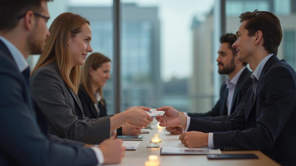 Специалисты обмениваются контактной информацией на профессиональной конференции