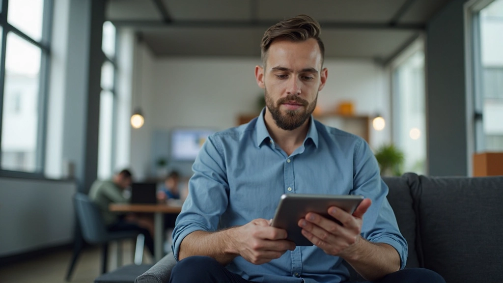 Профессионал работает с цифровой платформой на планшете в современной офисной среде