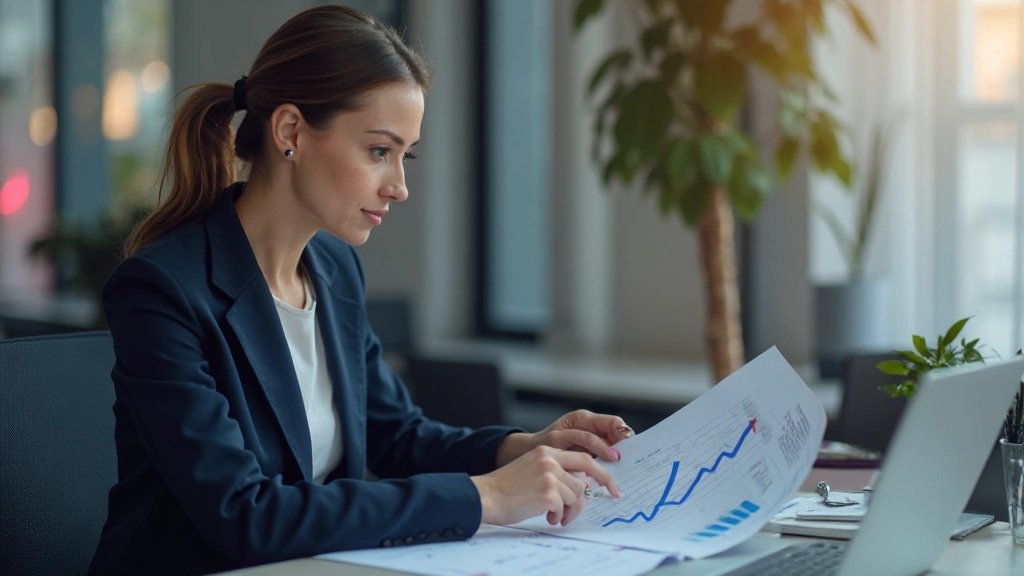 Профессиональная женщина в деловой одежде анализирует графики карьерного роста